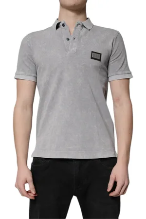 Dolce & Gabbana Homme, Tops, Gris, Taille: S Polo Homme en Coton Gris avec Logo Plaque
