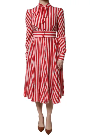 Dolce & Gabbana Femme, Robes, Rouge, Taille: 36 FR Robe midi en soie à rayures avec manches longues