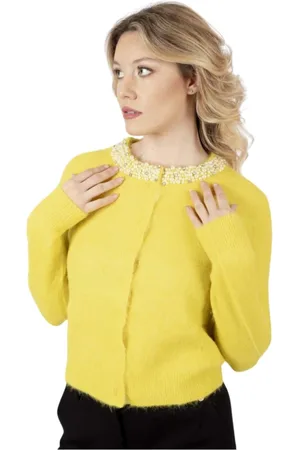 Liu Jo Femme, Pulls, Jaune, Taille: 42 FR Cardigan jaune avec perles et encolure bijou