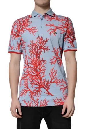 Dolce & Gabbana Homme, Tops, Multicolore, Taille: L Polo en Coton Bleu Clair avec Imprimé Corail