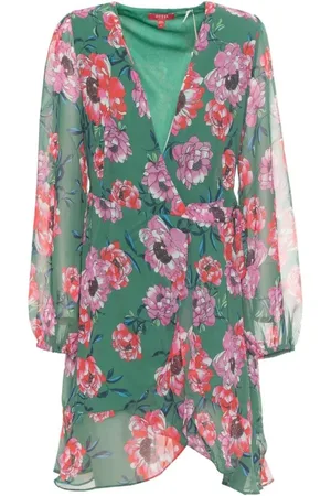Guess Femme, Robes, Vert, Taille: 38 FR Robe Florale à Col en V et Longueur au Genou