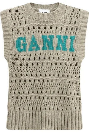 Ganni Femme, Pulls, , Taille: 40 FR Gilet en Maille Perforée avec Ourlet Côtelé