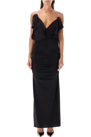 The Attico Femme, Robes, Noir, Taille: 38 FR Robe Longue Noire en Satin Col en V