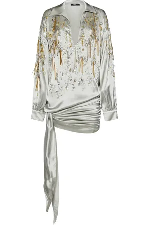AMEN Femme, Robes, Gris, Taille: 38 FR Élégante Robe Grise avec Broderie