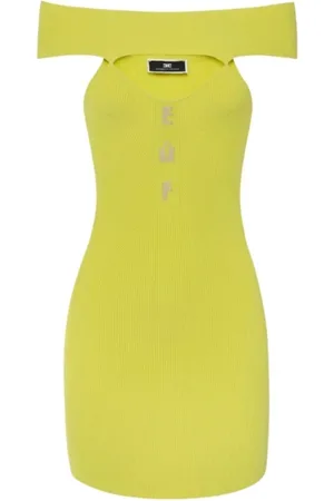 Elisabetta Franchi Femme, Robes, Vert, Taille: 42 FR Robe Courte Côtelée avec Encolure Bardot