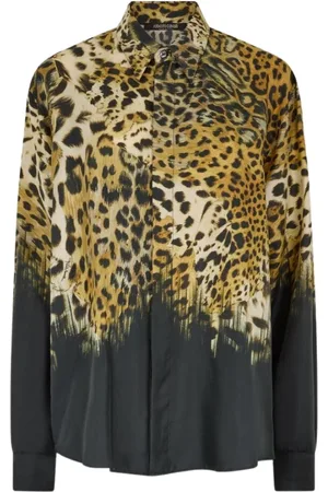 Roberto Cavalli Femme, Blouses et Chemises, Brun, Taille: 42 FR Chemise en Soie Imprimé Jaguar Manches Longues