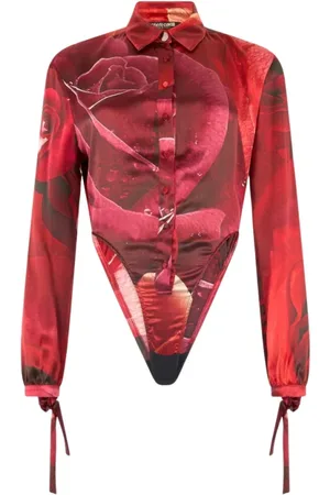 Roberto Cavalli Femme, Tops, Rouge, Taille: 38 FR Body en Soie avec Imprimé de Roses de Jardin