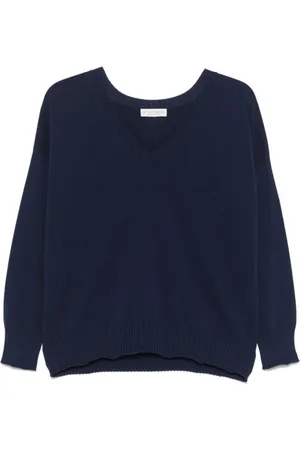 LE TRICOT PERUGIA Femme, Pulls, Bleu, Taille: 40 FR Pull en Coton Bleu Marine avec Col V Côtelé