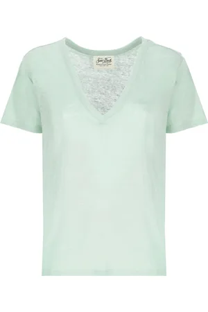 MC2 SAINT BARTH Femme, Tops, Vert, Taille: 36 FR T-shirt en Lin Vert Col en V Manches Courtes