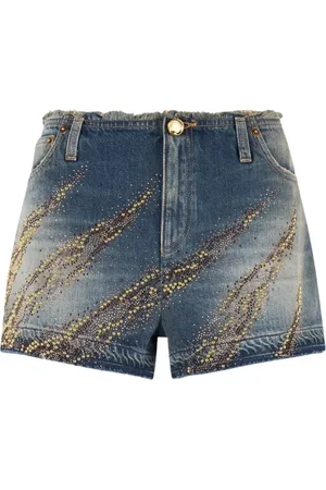 Roberto Cavalli Femme, Shorts, Bleu, Taille: 38 FR Shorts en Denim avec Clous et Motif Zèbre
