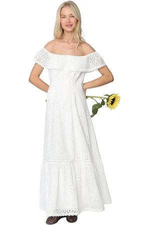 Crās Femme, Robes, Blanc, Taille: 44 FR Robe épaules dénudées en broderie anglaise