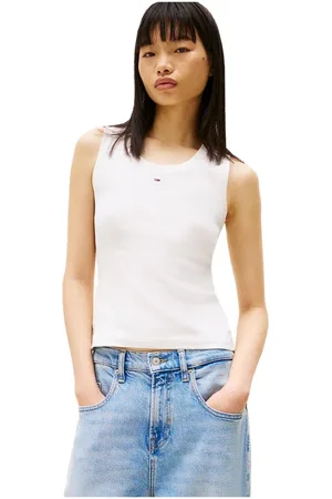 Tommy Hilfiger Femme, Tops, Blanc, Taille: 38 FR Haut en coton côtelé - Col rond