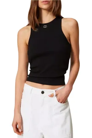 Twin-Set Femme, Tops, Noir, Taille: 38 FR Haut ajusté côtelé avec encolure ovale