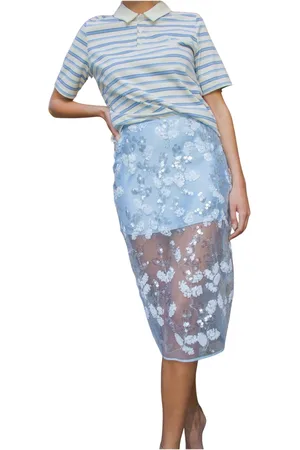 Crās Femme, Jupes, Bleu, Taille: 46 FR Jupe Midi à Paillettes Bleue