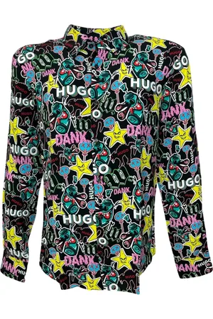 HUGO BOSS Femme, Blouses et Chemises, Noir, Taille: 40 FR Chemise en Coton à Motif de Bande Dessinée Coupe Décontractée Noire