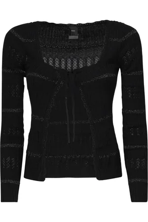 Pinko Femme, Pulls, Noir, Taille: 38 FR Pull Noir à Côtes avec Motif Poinçonné