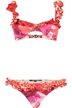 Roberto Cavalli Femme, Maillots de bain, Rose, Taille: 40 FR Bikini Jardin Rose Imprimé Léopard Volants Fermeture