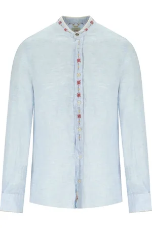 BOB der Bär Homme, Chemises, Bleu, Taille: M Chemise en lin bleu clair à col mandarin