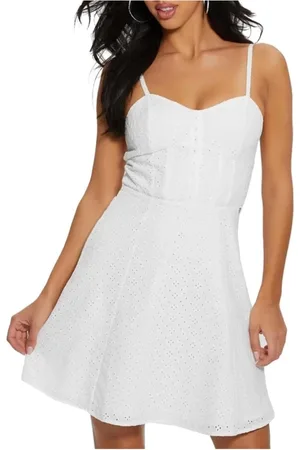 Guess Femme, Robes, Blanc, Taille: 38 FR Robe à Col en Cœur Mi-Longue avec Logo