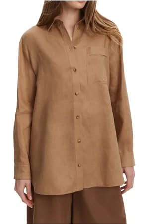 Max Mara Femme, Blouses et Chemises, Brun, Taille: 40 FR Chemise en lin marron sable avec broderie logo