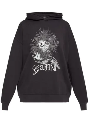 Ganni Femme, Sweatshirts et sweats à capuche, Noir, Taille: 38 FR Sweat à Capuche en Coton Noir avec Impression Graphique
