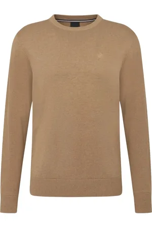 Bugatti Homme, Pulls, Brun, Taille: L Pull en Coton Classique Sable Marron avec Broderie Logo