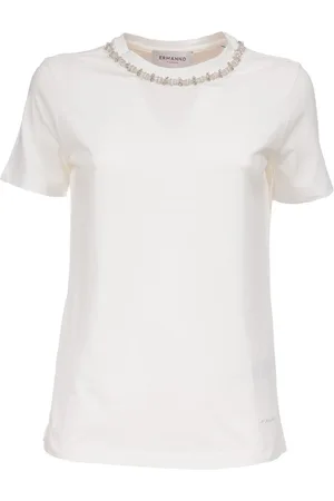 ERMANNO SCERVINO Femme, Tops, Blanc, Taille: 36 FR T-shirt en coton col rond manches courtes logo brodé
