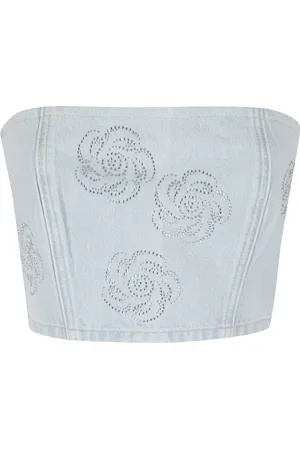 ROTATE Femme, Tops, Bleu, Taille: 38 FR Studded Denim Cropped Top