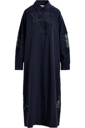 Essentiel Antwerp Femme, Robes, Bleu, Taille: 38 FR Robe Chemise Longue Bleue en Coton Brodée
