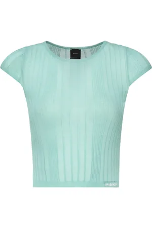 Pinko Femme, Pulls, Bleu, Taille: 42 FR Pull Col Rond Turquoise Léger Côtelé