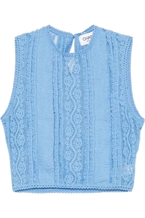 CHARO RUIZ IBIZA Femme, Tops, Bleu, Taille: 40 FR Haut Bleu avec Panneaux en Dentelle et Bord Festonné