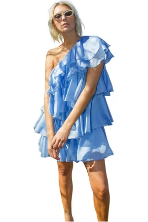 Crās Femme, Robes, Bleu, Taille: 44 FR Robe Bleue à Une Épaule avec Volants et Superpositions