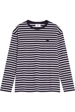 Maison Kitsuné Homme, Tops, Bleu, Taille: XL Pull en coton rayé avec écusson logo