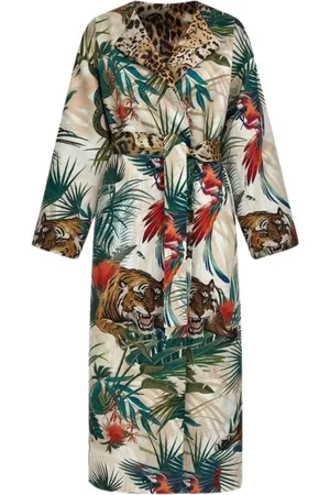 Roberto Cavalli Femme, Manteaux, Multicolore, Taille: 40 FR Manteau Ceinturé en Soie à Imprimé Jungle