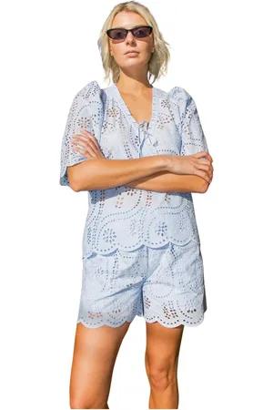 Crās Femme, Blouses et Chemises, Bleu, Taille: 42 FR Blouse Transparente en Broderie Anglaise