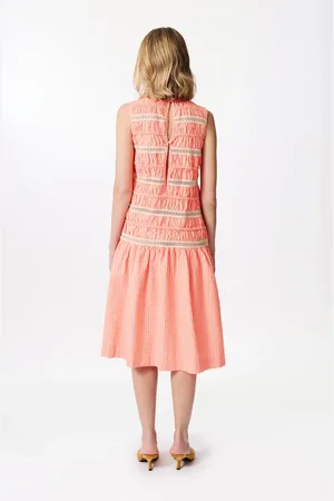 Manoush Femme, Robes, Rose, Taille: 40 FR Robe Midi à Rayures en Seersucker avec Broderie