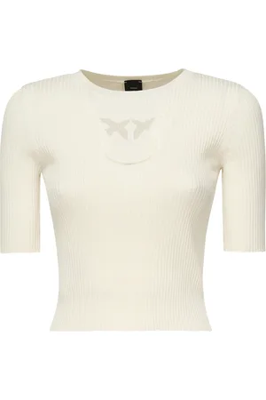 Pinko Femme, Pulls, , Taille: 42 FR Pull Blanc à Manches Courtes Côtelé Love Birds