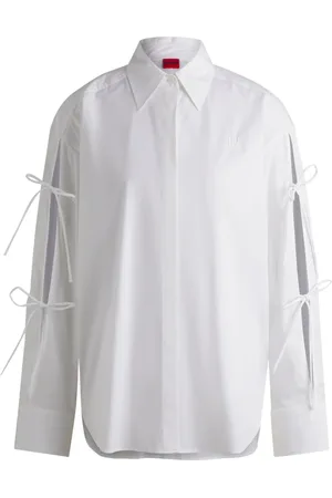 HUGO BOSS Femme, Blouses et Chemises, Blanc, Taille: 40 FR Chemisier Classique en Coton à Nœuds