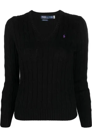 Ralph Lauren Femme, Pulls, Noir, Taille: 42 FR Pull noir à col en V avec logo