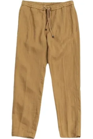 Moncler Homme, Pantalons, Brun, Taille: L Pantalon Beige en Coton et Lin Coupe Droite