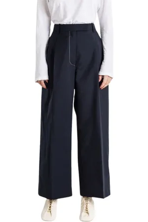 Thom Browne Femme, Pantalons, Bleu, Taille: 42 FR Pantalon en Laine Bleu Marine Coupe Droite