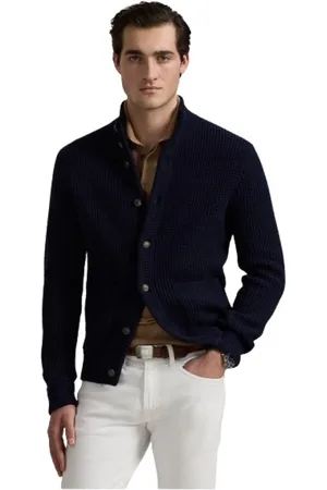 Ralph Lauren Homme, Pulls, Bleu, Taille: L Cardigan à col montant en tricot gaufré