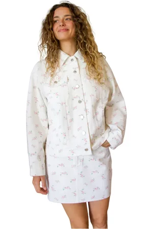 Crās Femme, Vestes, Blanc, Taille: 36 FR Veste en jean fleurie avec fermeture boutonnée