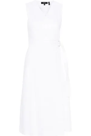 THEORY Femme, Robes, Blanc, Taille: 36 FR Robe Portefeuille en Lin Style A-Ligne