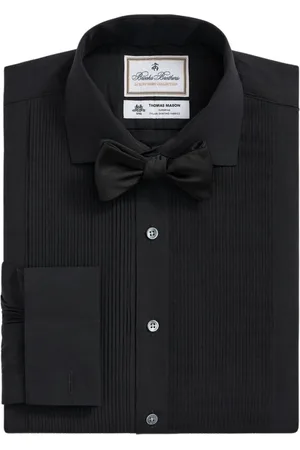 Brooks Brothers Homme, Chemises, Noir, Taille: L Chemise de smoking noire en coton à col anglais X Thomas Mason, devant plissé suisse
