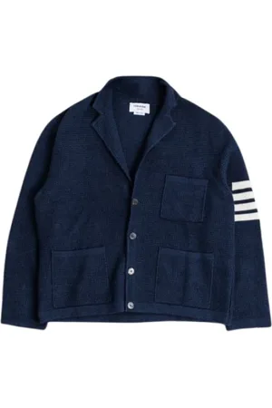 Thom Browne Femme, Pulls, Bleu, Taille: 40 FR Cardigan Tricoté Bleu à Rayures Blanches