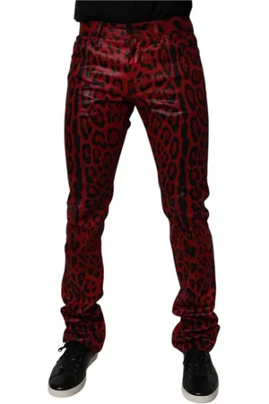 Dolce & Gabbana Homme, Jeans, Rouge, Taille: M Leopard Design Slim Fit Denim Jeans