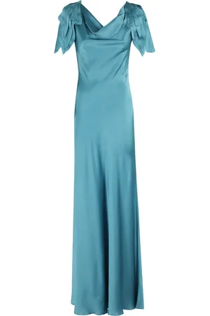 Alberta Ferretti Femme, Robes, Bleu, Taille: 36 FR Robe Bleue en Satin avec Feuillage Découpé au Laser