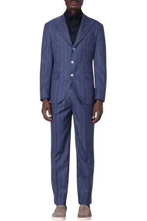 Brunello Cucinelli Homme, Costumes, Bleu, Taille: S Costume en Lin à Rayures Bleues