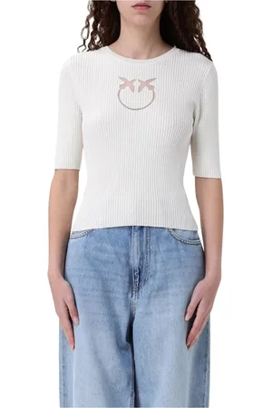 Pinko Femme, Pulls, Blanc, Taille: 36 FR Pull en Tricot Côtelé Smiley Face
